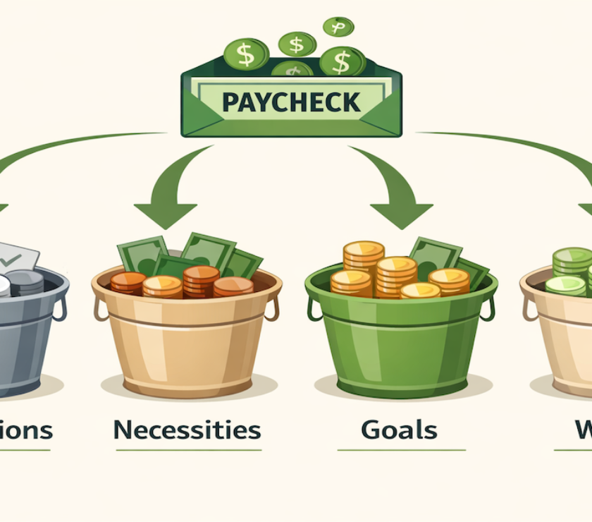 Four-bucket money system showing paycheck splitting into obligations, necessities, goals, and wants accounts