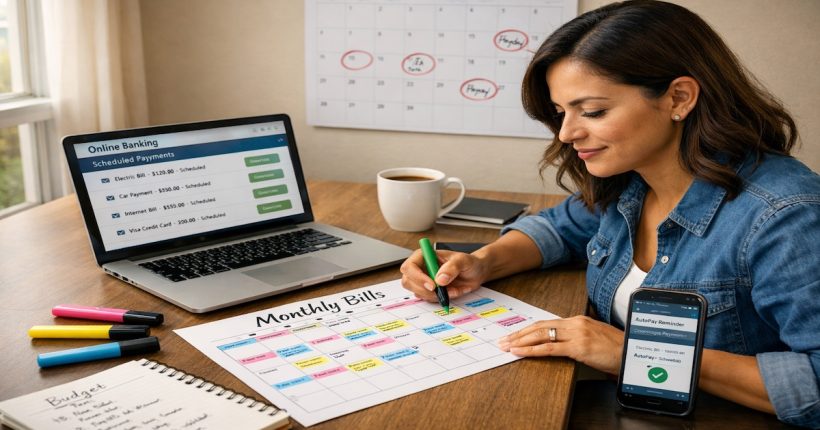 Person organizing monthly bill payment calendar with color-coded due dates, laptop showing banking autopay settings, and smartphone displaying bills account balance
