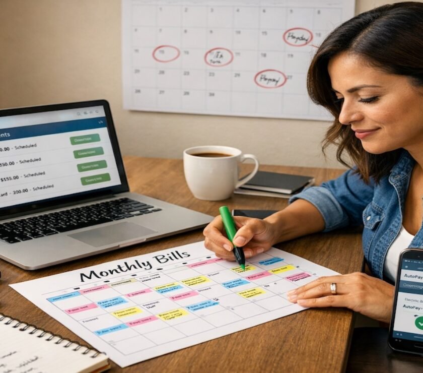 Person organizing monthly bill payment calendar with color-coded due dates, laptop showing banking autopay settings, and smartphone displaying bills account balance