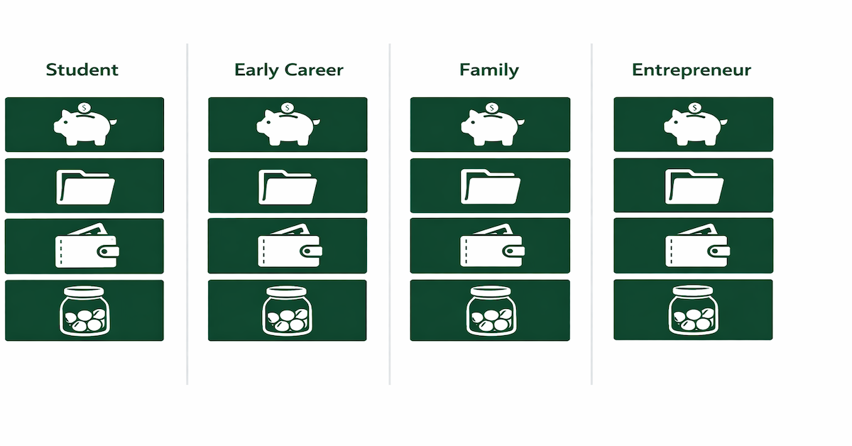 Bank account structure comparison for four life stages: student two-account setup, early career four-account income routing system, family joint and personal account framework, and entrepreneur business separation structure