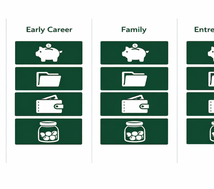 Bank account structure comparison for four life stages: student two-account setup, early career four-account income routing system, family joint and personal account framework, and entrepreneur business separation structure