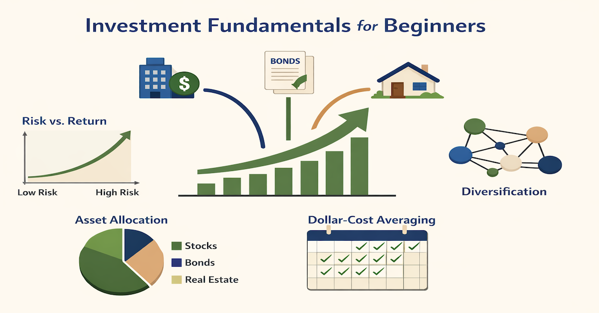 Investment fundamentals infographic showing risk-return spectrum, diversification strategy across stocks and bonds, dollar-cost averaging timeline, and age-based asset allocation framework for beginner investors