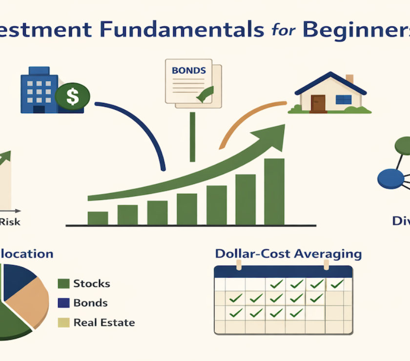 Investment fundamentals infographic showing risk-return spectrum, diversification strategy across stocks and bonds, dollar-cost averaging timeline, and age-based asset allocation framework for beginner investors
