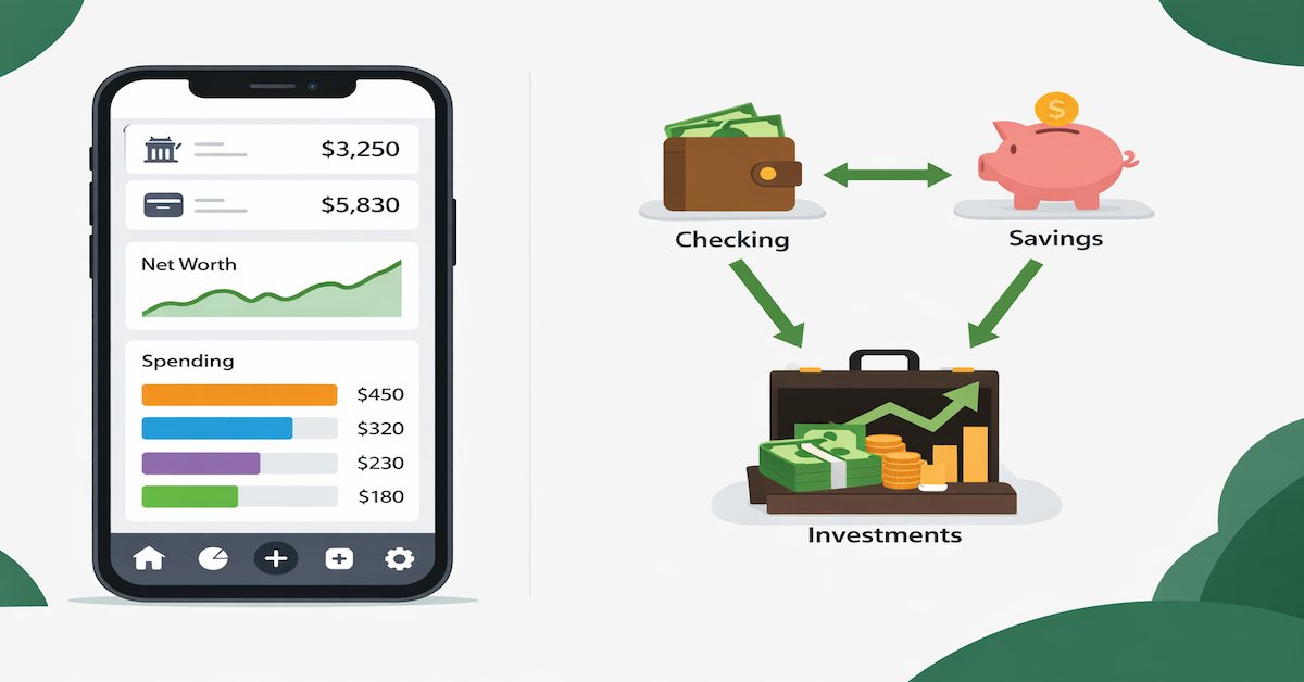 Budgeting app dashboard on smartphone showing automated spending categories and account aggregation for financial automation in 2026