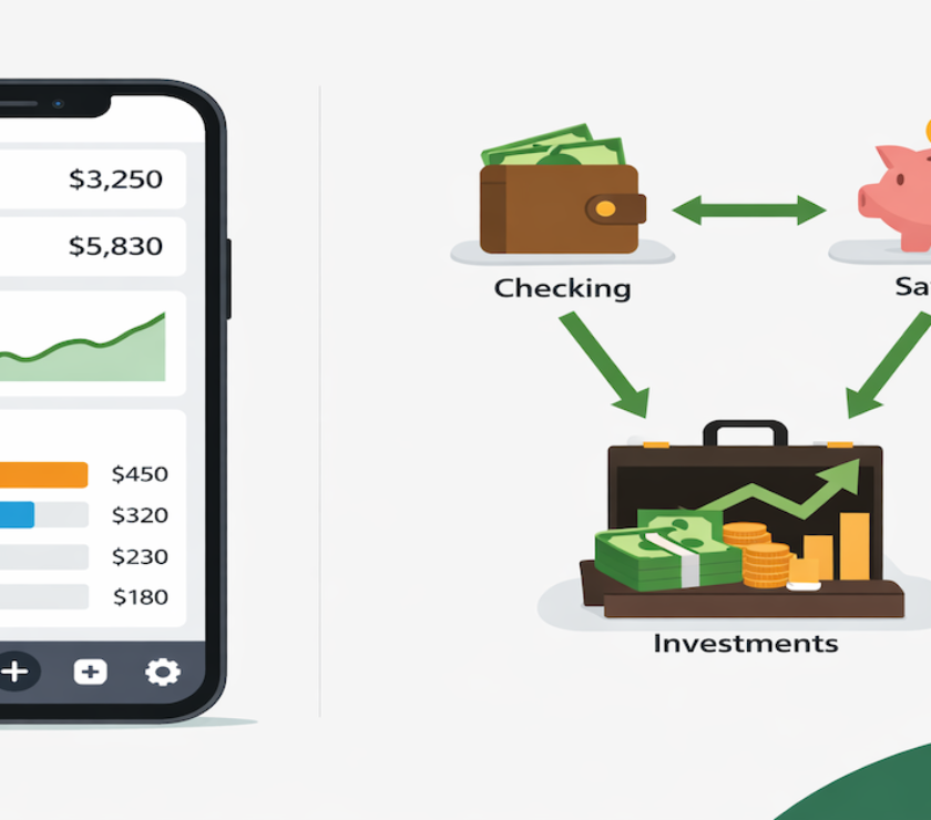 Budgeting app dashboard on smartphone showing automated spending categories and account aggregation for financial automation in 2026