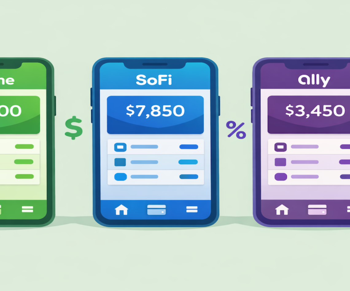 Comparison of Chime, SoFi, and Ally neobank apps on three smartphones showing banking features side by side