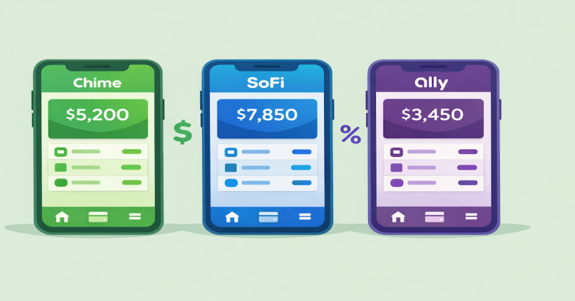Comparison of Chime, SoFi, and Ally neobank apps on three smartphones showing banking features side by side