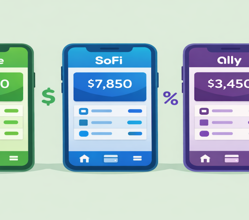 Comparison of Chime, SoFi, and Ally neobank apps on three smartphones showing banking features side by side