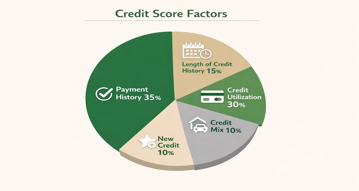 Credit score factors breakdown showing payment history at 35%, credit utilization at 30%, and other key elements that control your FICO score