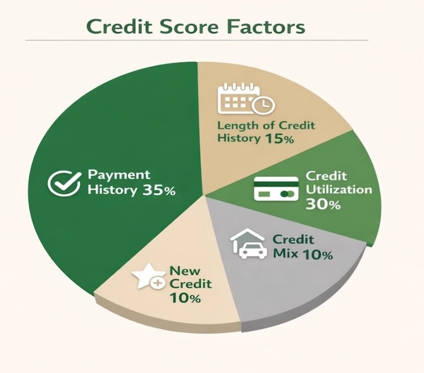 Credit score factors breakdown showing payment history at 35%, credit utilization at 30%, and other key elements that control your FICO score
