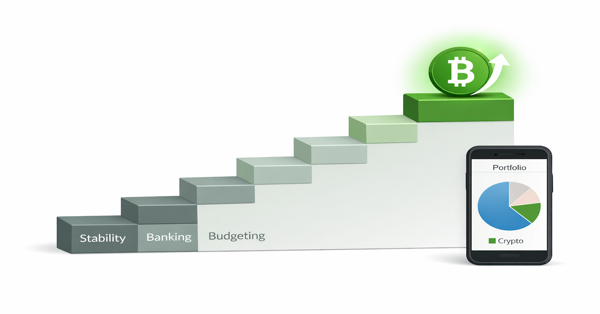Seven-stage financial staircase showing crypto and digital assets positioned at Stage 7 of the PersonalOne wealth building system in 2026