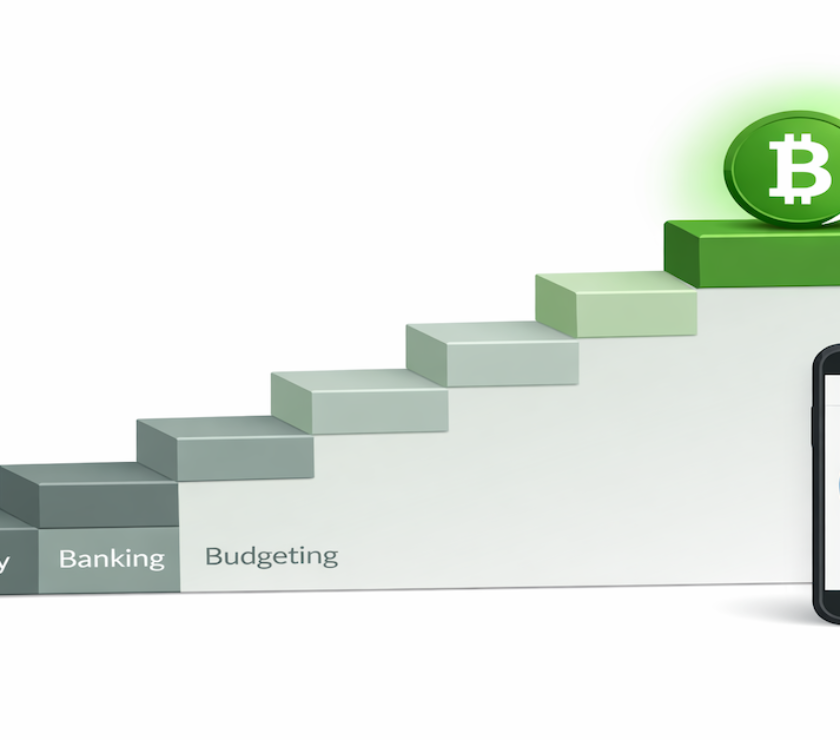 Seven-stage financial staircase showing crypto and digital assets positioned at Stage 7 of the PersonalOne wealth building system in 2026