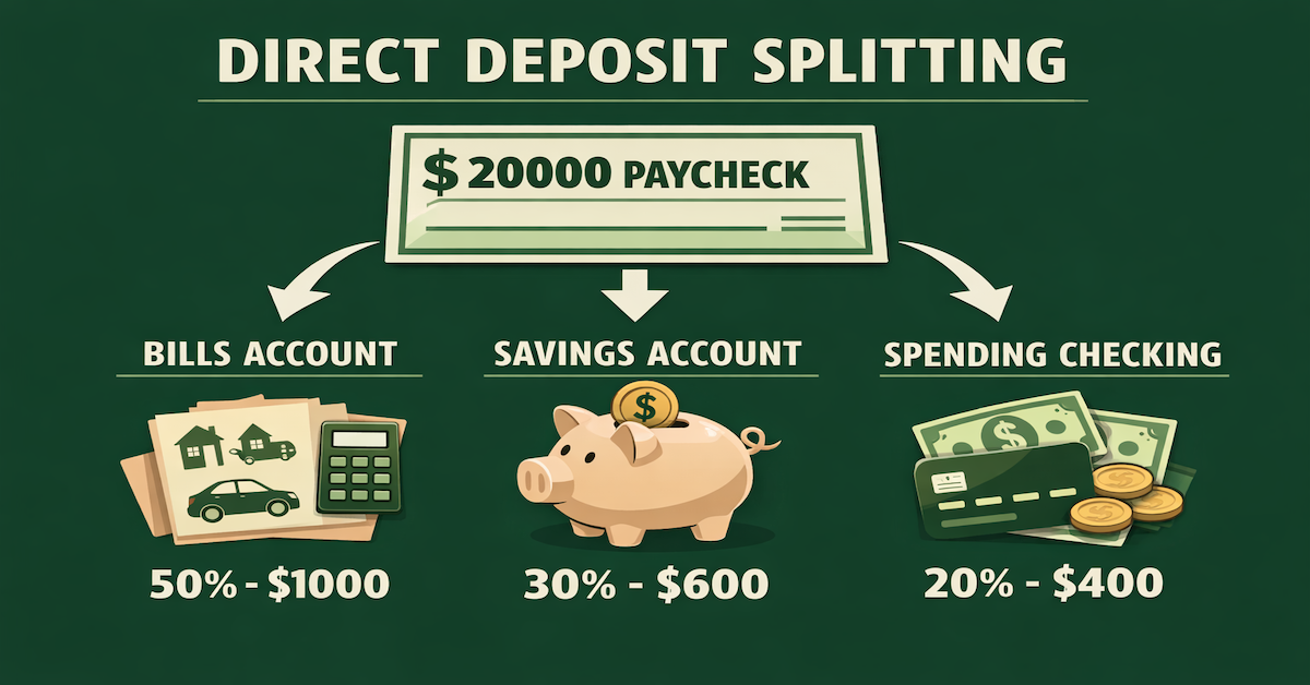 Learn how to split your paycheck automatically across bills, savings, and spending accounts. Step-by-step guide to setting up direct deposit splitting.