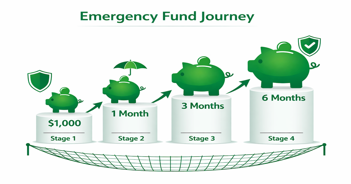 Emergency fund four-stage building system showing progression from $1000 starter fund to six months of expenses in high-yield savings account