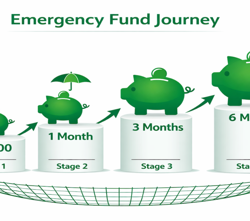 Emergency fund four-stage building system showing progression from $1000 starter fund to six months of expenses in high-yield savings account
