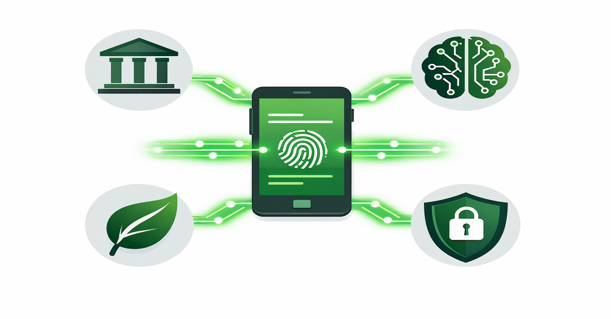 Diagram showing open banking data connections between a smartphone and bank, AI, ESG, and cybersecurity icons representing emerging FinTech in 2026
