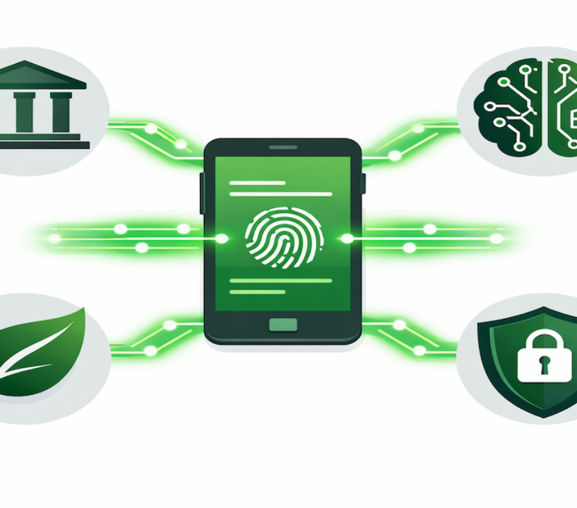Diagram showing open banking data connections between a smartphone and bank, AI, ESG, and cybersecurity icons representing emerging FinTech in 2026