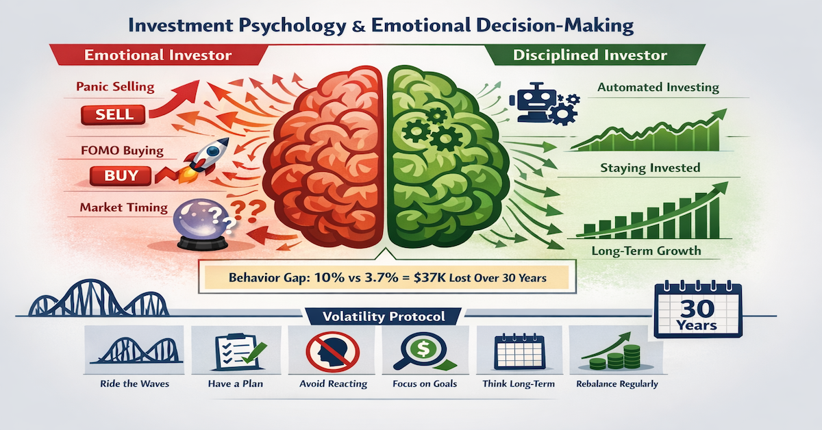 Investment psychology comparison showing emotional investor making panic selling and FOMO buying mistakes versus disciplined investor using automated investing system, with behavior gap statistic showing 10 percent versus 3.7 percent returns and six-step volatility response protocol