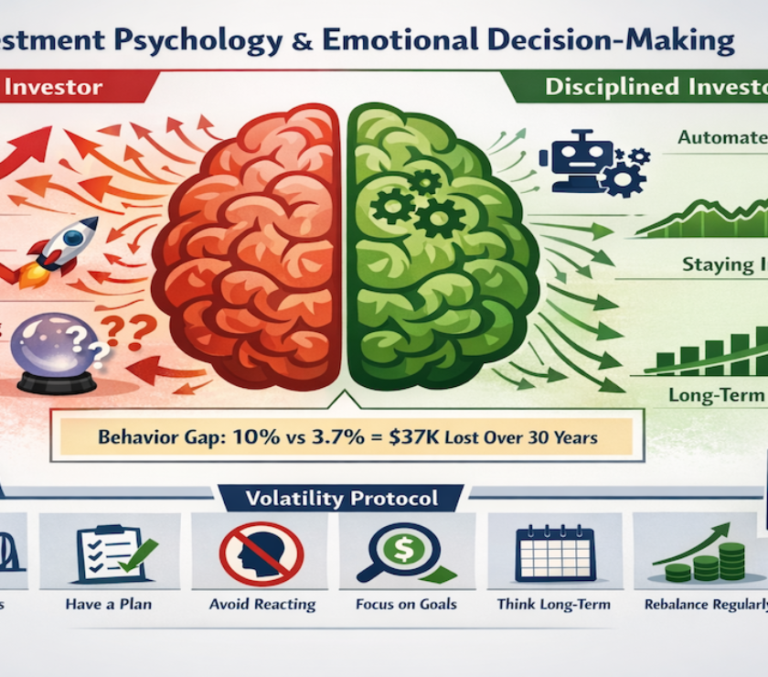 Investment psychology comparison showing emotional investor making panic selling and FOMO buying mistakes versus disciplined investor using automated investing system, with behavior gap statistic showing 10 percent versus 3.7 percent returns and six-step volatility response protocol
