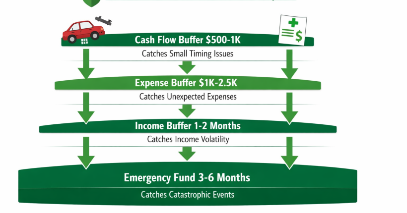 Four-layer financial shock absorption system showing cash flow buffer expense buffer income buffer and emergency fund protecting against financial crisis
