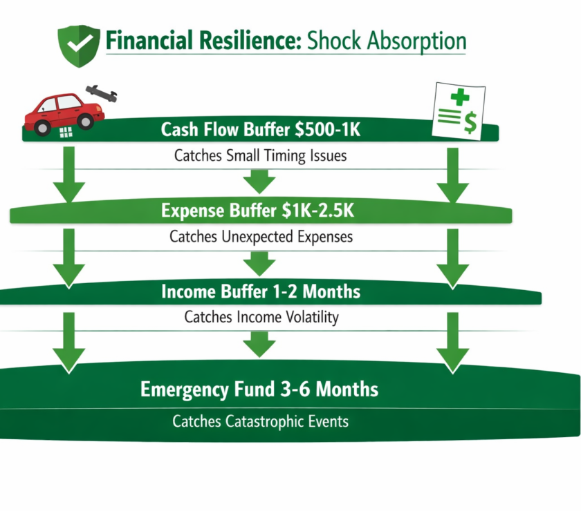 Four-layer financial shock absorption system showing cash flow buffer expense buffer income buffer and emergency fund protecting against financial crisis