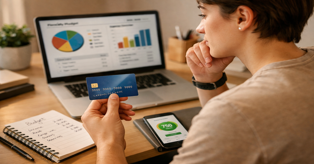 First credit card selection process showing young adult researching credit building strategies