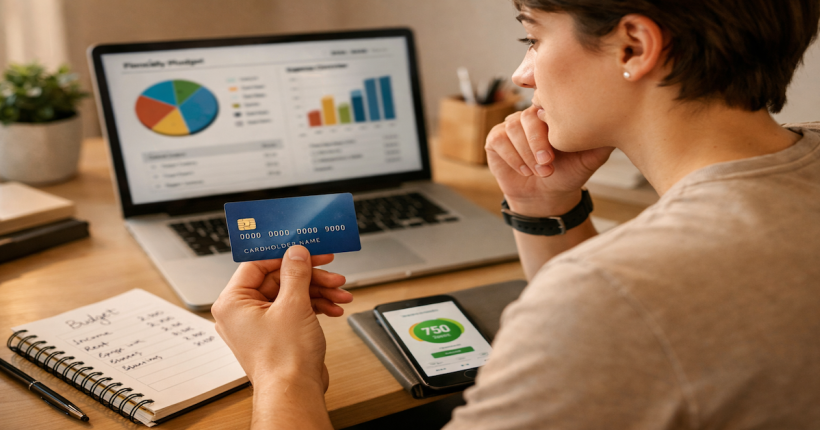 First credit card selection process showing young adult researching credit building strategies