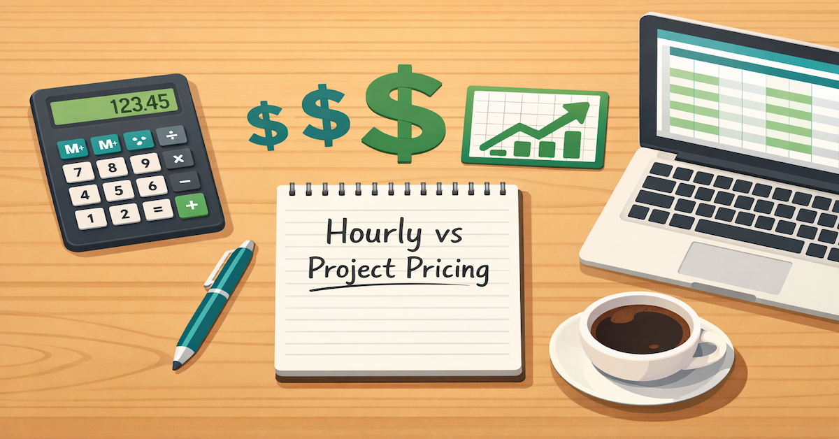 Freelance pricing strategy workspace showing calculator, rate comparison chart, and pricing formula calculations on desk