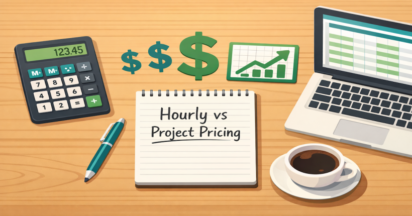 Freelance pricing strategy workspace showing calculator, rate comparison chart, and pricing formula calculations on desk