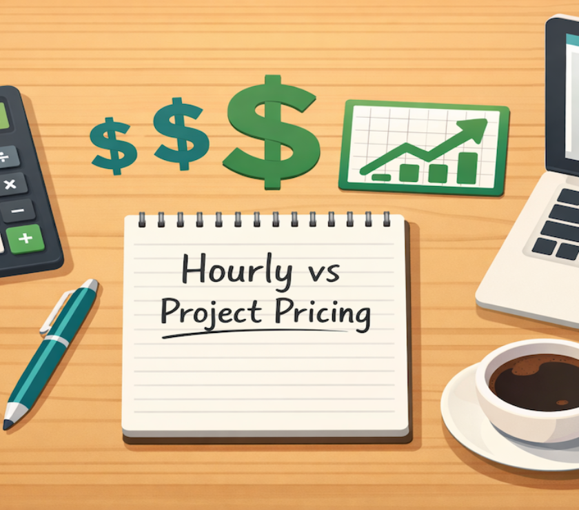 Freelance pricing strategy workspace showing calculator, rate comparison chart, and pricing formula calculations on desk