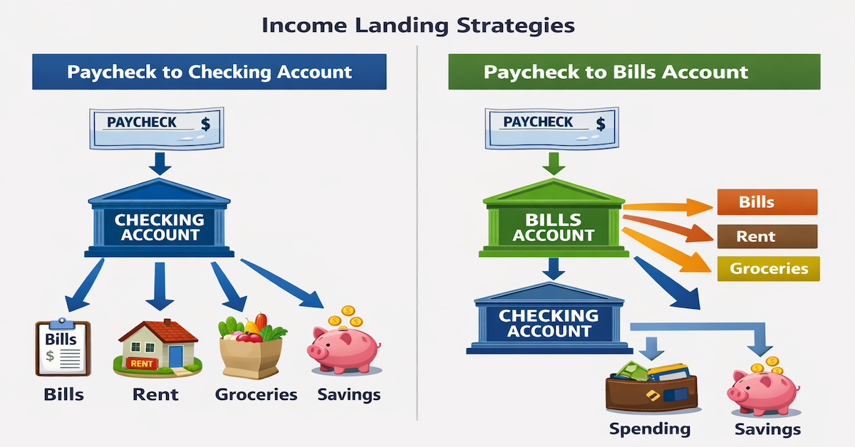Split decision diagram showing paycheck routing to either checking account or bills account with arrows indicating money flow to final destinations