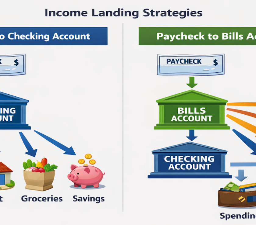 Split decision diagram showing paycheck routing to either checking account or bills account with arrows indicating money flow to final destinations