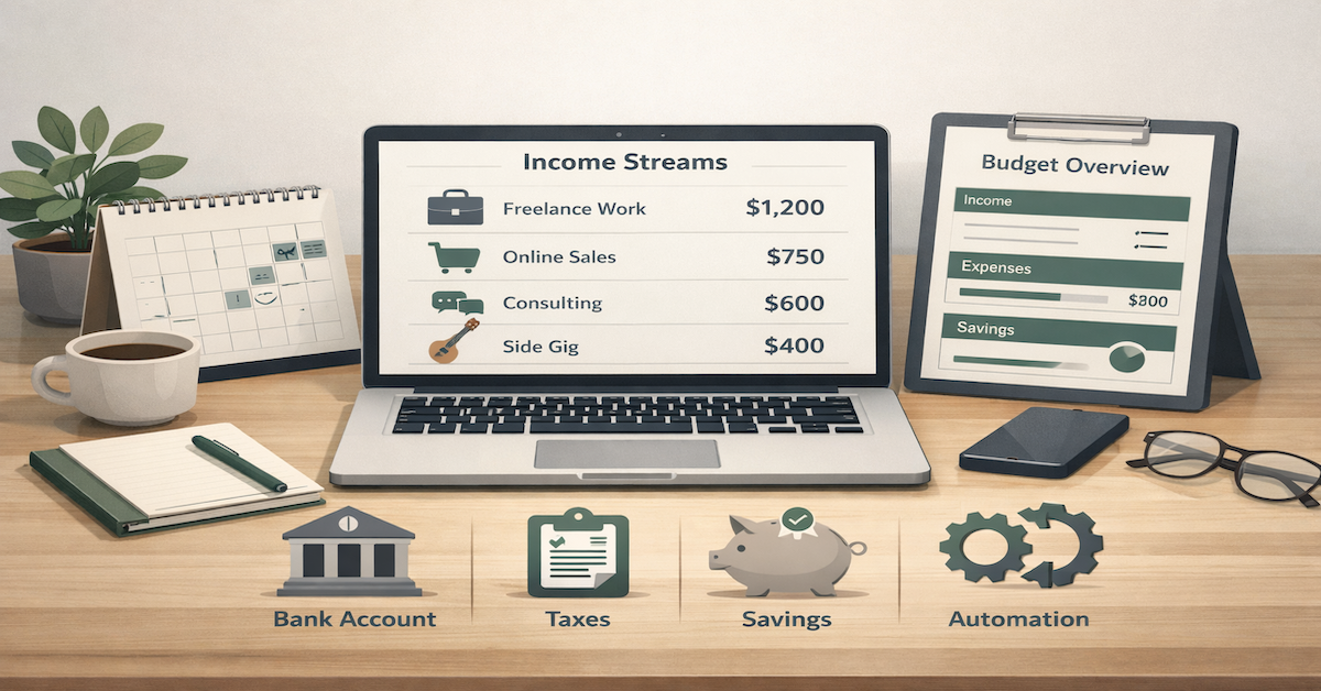 Side hustle and freelance financial systems showing budgeting, banking, and cash flow organization
