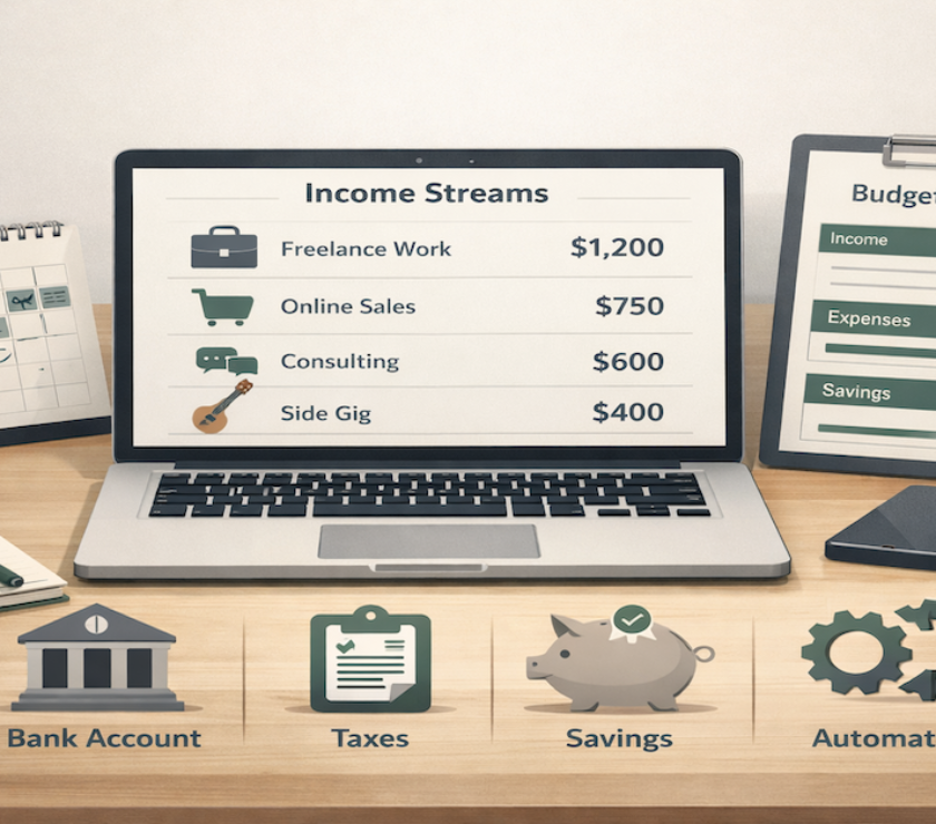 Side hustle and freelance financial systems showing budgeting, banking, and cash flow organization