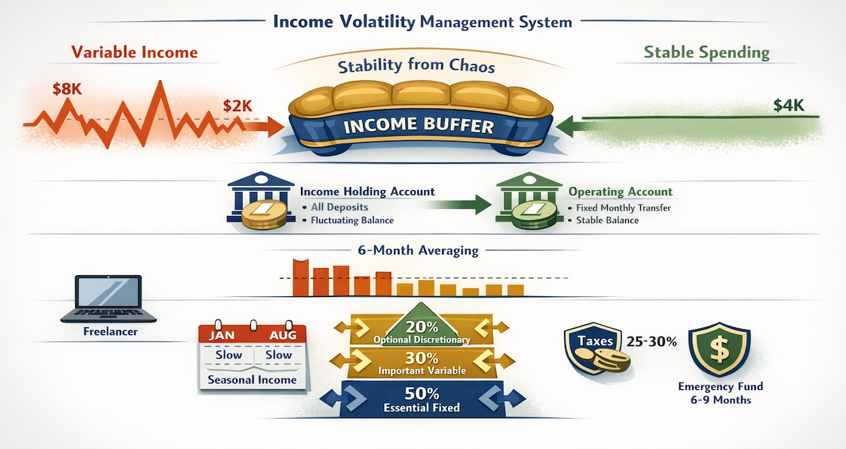 Income volatility management infographic showing irregular freelancer income transformed into stable spending through income buffer system, two-account structure, 6-month averaging, and three-tier expense framework with emergency fund protection