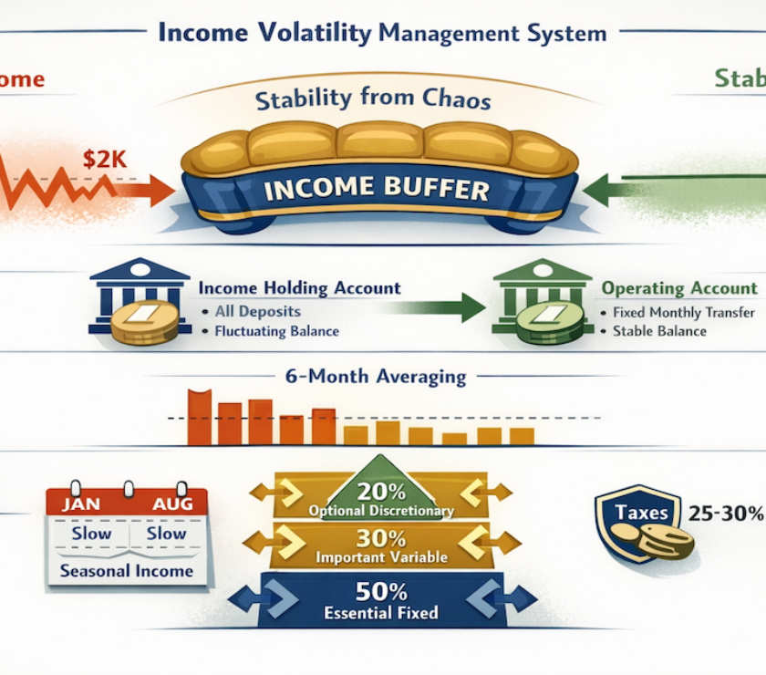 Income volatility management infographic showing irregular freelancer income transformed into stable spending through income buffer system, two-account structure, 6-month averaging, and three-tier expense framework with emergency fund protection