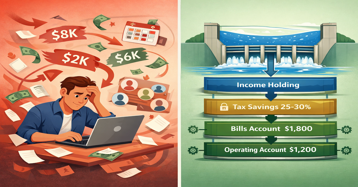 Four-account banking architecture for irregular income showing Income Holding buffer absorbing volatility while distributing fixed amounts to Tax Savings, Bills Account, and Operating Account, with freelancer income pattern comparison