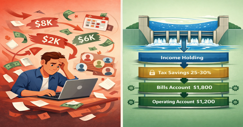 Four-account banking architecture for irregular income showing Income Holding buffer absorbing volatility while distributing fixed amounts to Tax Savings, Bills Account, and Operating Account, with freelancer income pattern comparison
