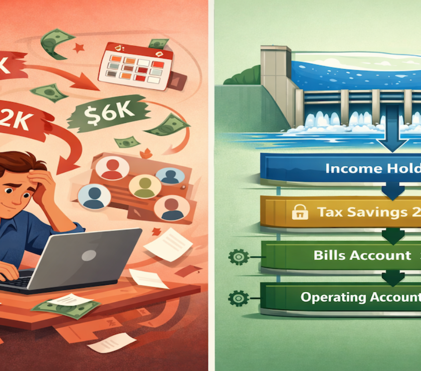 Four-account banking architecture for irregular income showing Income Holding buffer absorbing volatility while distributing fixed amounts to Tax Savings, Bills Account, and Operating Account, with freelancer income pattern comparison