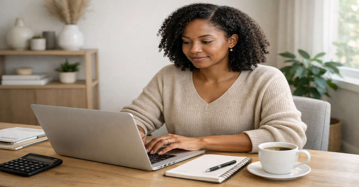 Millennial woman freelancer managing irregular income using a cash flow budgeting system on a laptop