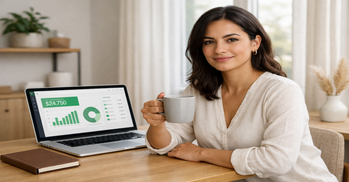 A woman sitting at a clean desk with a financial dashboard on her laptop and a closed notebook nearby — representing the shift from manual spreadsheet budgeting to an effortless automated money system.