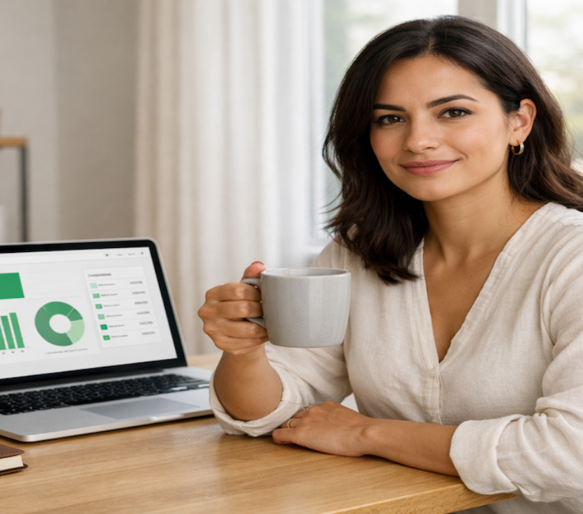 A woman sitting at a clean desk with a financial dashboard on her laptop and a closed notebook nearby — representing the shift from manual spreadsheet budgeting to an effortless automated money system.