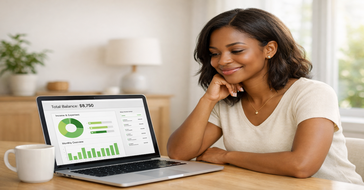 A young woman smiling at her laptop while reviewing her automated budget dashboard — illustrating the shift from manual budgeting stress to financial clarity and confidence.