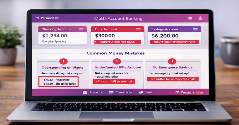 Multi-account budgeting system showing checking, bills, and savings accounts with common money mistakes highlighted