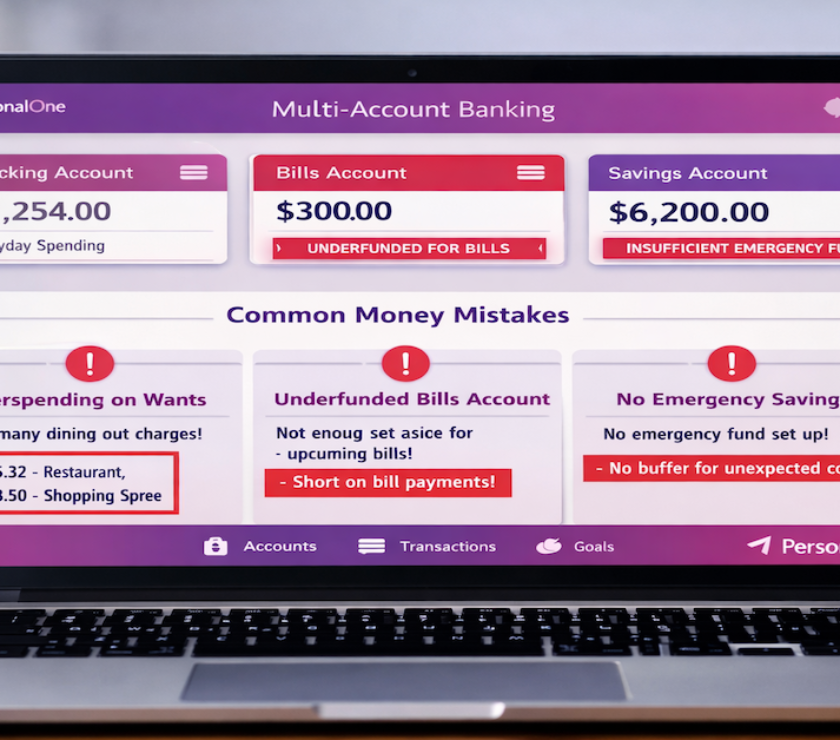 Multi-account budgeting system showing checking, bills, and savings accounts with common money mistakes highlighted