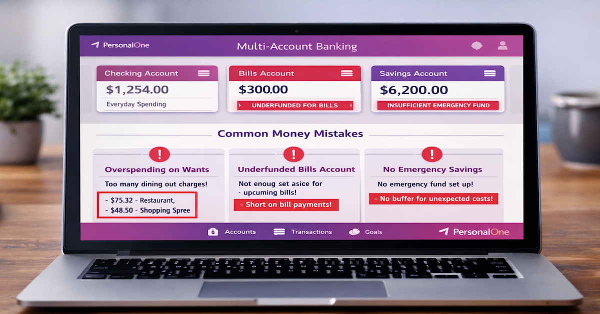 Multi-account budgeting system showing checking, bills, and savings accounts with common money mistakes highlighted