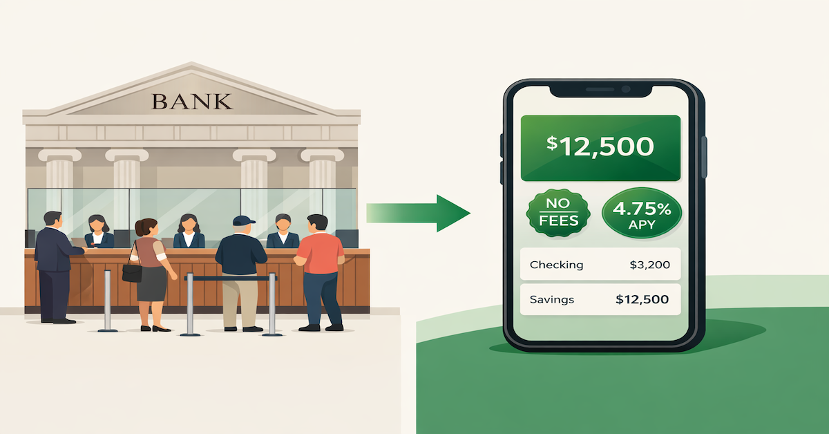 Split comparison of traditional bank building versus neobank mobile app dashboard showing no-fee digital banking and high-yield savings in 2026