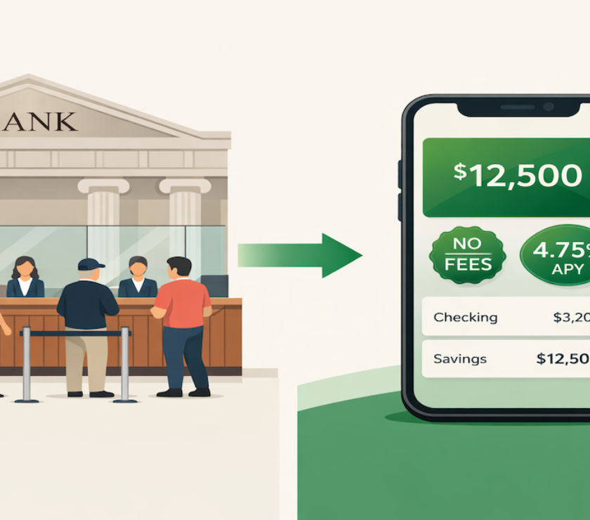 Split comparison of traditional bank building versus neobank mobile app dashboard showing no-fee digital banking and high-yield savings in 2026