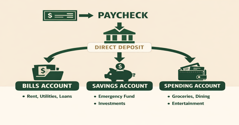 Paycheck routing diagram showing income flowing from direct deposit to bills account, savings account, and spending account automatically