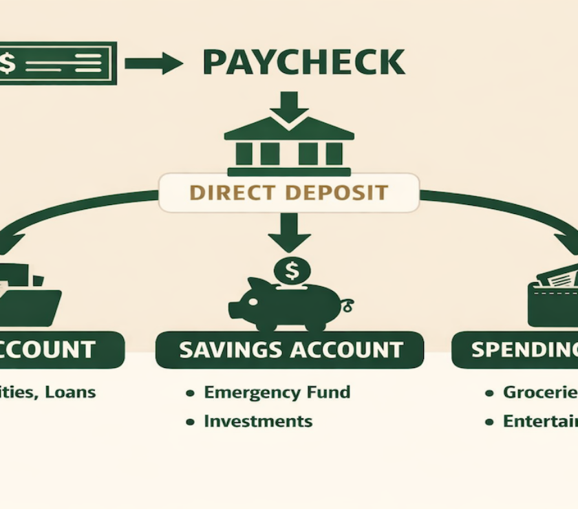 Paycheck routing diagram showing income flowing from direct deposit to bills account, savings account, and spending account automatically